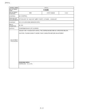 Page 1621V1-L
5 – 4
AD J U S T ME N T
IT E M
AD J U S T ME N T
POSITION
CONTROL
PRE-ADJUST
REQUIREMENT
CONTENT
IN P U T
C O NDITIO N
OUTPUT
AD J U S TME N T
PROCEDURE
MODEL NAME
V- S IZ E
V1 0STEP RANGE0~63
21V1-L
CONFIRMATION BY CRT SCREEN
ADJUST THE V10 BUS DATA UNTILL THE OVERSCAN BECOME AS SPECIFIED BELOW .
CAUTION:- PLEASE AGING TV MORE THAN 10 MINUTES BEFORE ADJUSTMENT.
[CHECKING SPEC]
OVERSCAN 10 ± 2.5%
I2C CONTROL
OPTION SET UP, BUS SET UP,C R T P UR ITY, V-P HAS E , +B ADJ US T
US 4...