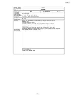 Page 1921V1-L
5 – 7
AD J U S T ME N T
IT E M
AD J U S T ME N T
POSITION
CONTROLPRE-ADJUST
REQUIREMENT
CONTENTIN P U T
C O NDITIO N
OUTPUT
(MANUAL ADJ)
1) GO TO SERVICE MODE
2) GO TO SERVICE DATAV25
, ADJ UNTIL FREQUENCY AS BELOW
(SELF ADJ)1) GO TO SERVICE MODE, BY SELECTING THE SERVICE DATAV252) PRESS THE R/C TO OPERATE AUTO H-VCO, OSD APPEAR OK AT SCREENAD J U S TME N T3) IF APPEAR NG PLS REPEAT STEP 2PROCEDURE
MODEL NAME
H-VC O
V2 5STEP RANGE0-7
21V1-L
IC 801 PIN 13 (MANUAL), CONFIRMATION ON CRT DISPLAY...