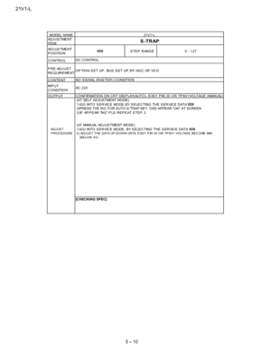 Page 2221V1-L
5 – 10
MODEL NAMEAD J U S T ME N T
IT E M
AD J U S T ME N T
POSITION
CONTROL
PRE-ADJUST
REQUIREMENT
CONTENT
IN P U T
C O N D IT IO N
OUTPUT
(AT SELF ADJUSTMENT MODE)
1 ) G O IN T O S E R VIC E MO D E , B Y S E LE C T IN G T H E S E R VIC E D AT AV2 62)PRESS THE R/C FOR AUTO S-TRAP KEY, OSD APPEAR OK AT SCREEN
3)IF APPEAR NG PLS REPEAT STEP 2
(AT MANUAL ADJ US TME NT MO DE )
AD J U S T1 ) G O IN T O S E R VIC E MO D E , B Y S E LE C T IN G T H E S E R VIC E D AT AV2 6P R O C E DUR E 2 ) ADJ US T...