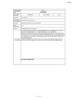 Page 2321V1-L
5 – 11
AD J U S T ME N T
IT E M
AD J U S T ME N T
POSITION
CONTROL
PRE-ADJUST
REQUIREMENT
CONTENT
IN P U T
C O N D IT IO N
OUTPUT
AD J U S TME N T
PROCEDURE
21V1-L
I2 C C O N T R O L
OPTION SET UP, BUS SET UP
W INDO W P ATTE R N O R US 4 C H LIO N HE AD
220 V
CONFIRMATION ON CRT DISPLAY.
[VOLTAGE CONFIRMATION ]
1) IN SERVICE MODE, SETV04
TO 127 ANDV15
&V16
&V17
TO 127;V18
&V19
TO 64 , GET IN Y-
MUTE BY R/C AND SETV23
TO 1, PICTURE APPEAR IN CUT-OFF CONDITION
2)ADJUST THE SCREEN SO THAT CUT-OFF...