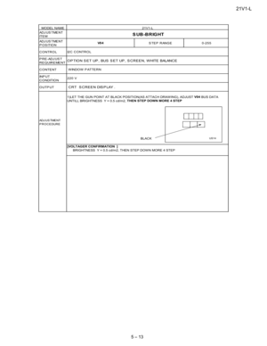 Page 2521V1-L
5 – 13
AD J U S T ME N T
IT E M
AD J U S T ME N T
POSITION
CONTROL
PRE-ADJUST
REQUIREMENT
CONTENT
IN P U T
C O NDITIO N
OUTPUT
AD J U S TME N T
P R O C E DUR E
BRIGHTNESS Y = 0.5 cd/m2, THEN STEP DOW N MORE 4 STEP
MODEL NAME
S UB-BRIGHT
V0 4STEP RANGE0-255
21V1-L
I2C CONTROL
OPTION SET UP, BUS SET UP, SCREEN, WHITE BALANCE
W INDO W P ATTE R N
220 V
CRT S CREEN DIS P LAY .
1)LET THE GUN POINT AT BLACK POSITION(AS ATTACH DRAW ING), ADJUSTV04
BUS DATA
UNTILL BRIGHTNESS Y = 0.5 cd/m2,THEN STEP DOWN...