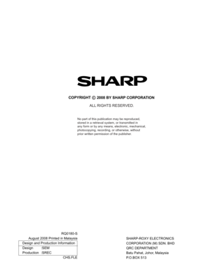 Page 58 – 1
No part of this publication may be reproduced,
stored in a retrieval system, or transmitted in
any form or by any means, electronic, mechanical,
photocopying, recording, or otherwise, without
prior written permission of the publisher.
COPYRIGHT©XXXX BYSHARP CORPORATION
ALL RIGHTS RESERVED.
EndPage
No part of this publication may be reproduced,
stored in a retrieval system, or transmitted in
any form or by any means, electronic, mechanical,
photocopying, recording, or otherwise, without
prior written...