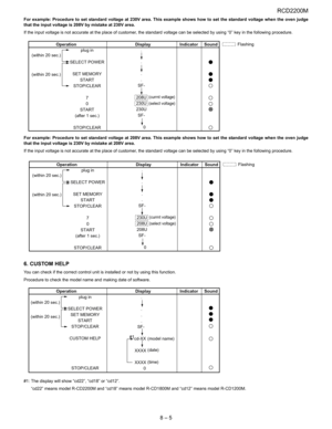 Page 27RCD2200M
8 – 5
For example: Procedure to set standard voltage at 230V area. This example shows how to set the standard voltage when the oven judge
that the input voltage is 208V by mistake at 230V area.
If the input voltage is not accurate at the place of customer, the standard voltage can be selected by using “0” key in the following procedure.
For example: Procedure to set standard voltage at 208V area. This example shows how to set the standard voltage when the oven judge
that the input voltage is...