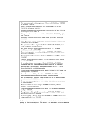 Page 187The CE mark logo label is affixed on an equipment in case that the directives described in the above 
sentence are applicable to the product. (This sentence is not applicable in any country where the 
above directives are not required.)
This equipment complies with the requirements of Directives 89/336/EEC and 73/23/EEC 
as amended by 93/68/EEC.
Dieses Gerät entspricht den Anforderungen der EG-Richtlinien 89/336/EWG und 
73/23/EWG mit Änderung 93/68/EWG.
Ce matériel répond aux exigences contenues dans...