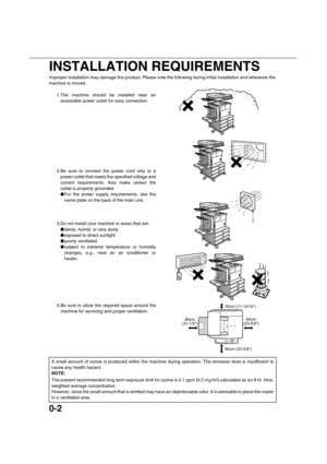 Page 60-2
Improper installation may damage this product. Please note the following during initial installation and whenever the
machine is moved.
1.The machine should be installed near an
accessible power outlet for easy connection.
2.Be sure to connect the power cord only to a
power outlet that meets the specified voltage and
current requirements. Also make certain the
outlet is properly grounded.
For the power supply requirements, see the
name plate on the back of the main unit.
3.Do not install your...