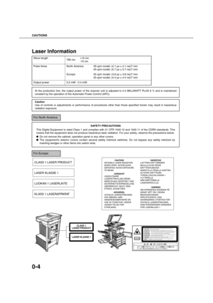 Page 8CAUTIONS
0-4
Laser Information
Wave length
785 nm+10 nm
-15 nm
Pulse times North America: 35 cpm model: (4.1 µs ± 4.1 ns)/7 mm
45 cpm model: (5.7 µs ± 5.7 ns)/7 mm
Europe:  35 cpm model: (3.8 µs ± 3.8 ns)/7 mm
45 cpm model: (4.4 µs ± 4.4 ns)/7 mm
Output power 0.2 mW - 0.4 mW
At the production line, the output power of the scanner unit is adjusted to 0.4 MILLIWATT PLUS 8 % and is maintained
constant by the operation of the Automatic Power Control (APC).
Caution
Use of controls or adjustments or...