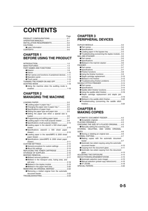 Page 90-5
CONTENTS
Page
PRODUCT CONFIGURATIONS .................................. 0-1
OPERATION MANUALS.............................................. 0-1
INSTALLATION REQUIREMENTS.............................. 0-2
CAUTIONS................................................................... 0-3
Laser Information ................................................. 0-4
CONTENTS ................................................................. 0-5
CHAPTER 1
BEFORE USING THE PRODUCT...