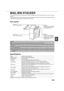 Page 593-5
3 MAIL-BIN STACKER
The mail-bin stacker has 7 mail bins which can each be designated to receive printed output from a user or a group
of users .
Output paper in the copy mode and the fax mode will be delivered to the top tray of the stacker separated from printed
output. (Printed output can also be delivered to the top tray.)
Part names
Specifications
Specifications are subject to change for improvement without notice.
NOTES
Do not put pressure on the mail-bin stacker, particularly on the top tray...