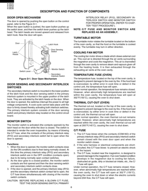 Page 10R-308JK
R-308JS
R-308JW
R-309JW
8
DESCRIPTION AND FUNCTION OF COMPONENTS
DOOR OPEN MECHANISM
The door is opened by pushing the open button on the control
panel, refer to the Figure D-1.
When the open button is pushed, the open button pushes up
the switch lever, and then the switch lever pushes up the latch
head. The latch heads are moved upward and released from
latch hook. Now the door will open.
Figure D-1. Door Open Mechanism
DOOR SENSING AND SECONDARY INTERLOCK
SWITCHES
The secondary interlock switch...