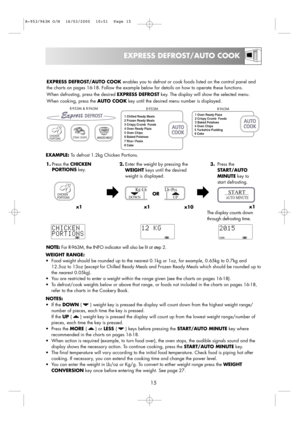 Page 1715
EXPRESS DEFROST/AUTO COOK
CHICKEN
PORTIONS
EXPRESS DEFROST/AUTO COOK enables you to defrost or cook foods listed on the control panel and
the charts on pages 16-18. Follow the example below for details on how to operate these functions.
When defrosting, press the desired EXPRESS DEFROSTkey. The display will show the selected menu.
When cooking, press the AUTO COOKkey until the desired menu number is displayed.
x1 x1OR
x10 EXAMPLE: To defrost 1.2kg Chicken Portions.
The display counts down
through...