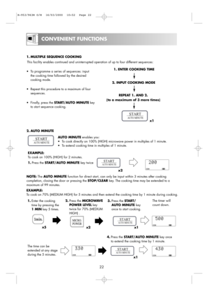 Page 24CONVENIENT FUNCTIONS
22
AUTO MINUTEenables you:
•To cook directly on 100% (HIGH) microwave power in multiples of 1 minute.
•To extend cooking time in multiples of 1 minute. This facility enables continued and uninterrupted operation of up to four different sequences:
•To programme a series of sequences: input 
the cooking time followed by the desired
cooking mode.
•Repeat this procedure to a maximum of four
sequences.
•Finally, press the START/AUTO MINUTEkey
to start sequence cooking.1. ENTER COOKING...