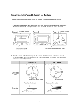 Page 119
To avoid arcing, carefully read before placing the turntable support and turntable into the oven.
1. Place the turntable support, with the engraved word Top facing up, securely within the three pins on
the turntable motor shaft. See Figures 1 and 2. See Figure 3 to check for the correct placement.
Figure 1Figure 2
Figure 3Turntable support
Turntable motor shaftTurntable support
The pins of the turntable motor shaft
2.Place the turntable on the turntable support. The turntable should be place so that...