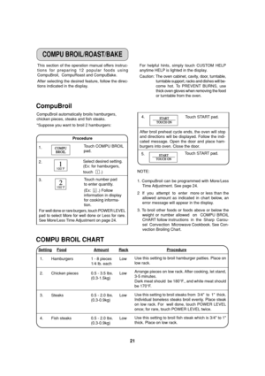 Page 2321
For helpful hints, simply touch CUSTOM HELP
anytime HELP is lighted in the display.
Caution: The oven cabinet, cavity, door, turntable,
turntable support, racks and dishes will be-
come hot. To PREVENT BURNS, use
thick oven gloves when removing the food
or turntable from the oven. This section of the operation manual offers instruc-
tions for preparing 12 popular foods using
CompuBroil,  CompuRoast and CompuBake.
After selecting the desired feature, follow the direc-
tions indicated in the display....