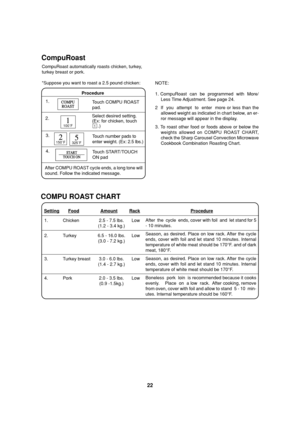 Page 2422
325˚F
CompuRoast
100˚F
CompuRoast automatically roasts chicken, turkey,
turkey breast or pork.
*Suppose you want to roast a 2.5 pound chicken:
Procedure
1.
Touch COMPU ROAST
pad.
2.
3.
Touch number pads to
enter weight. (Ex: 2.5 lbs.)
150˚F
Select desired setting.
(Ex: for chicken, touch
1.)
4.
Touch START/TOUCH
ON pad
After COMPU ROAST cycle ends, a long tone will
sound. Follow the indicated message.
START
TOUCH ON
1. Chicken 2.5 - 7.5 lbs. Low
(1.2 - 3.4 kg.)
2. Turkey 6.5 - 16.0 lbs. Low
(3.0 - 7.2...