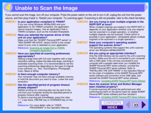 Page 119INDEX
CONTENTS
33
4
If you cannot scan the image, turn off your computer. Press the power switch on the unit to turn it off, unplug the unit from the power 
source, and then plug it back in. Restart your computer. Try scanning again. If scanning is still not possible, refer to the ch eck list below.
CHECK1Is your application compliant to TWAIN?
If you are using Windows 98/Me/2000 and your 
application is not TWAIN compliant, the application 
cannot acquire images. Use an application that is 
TWAIN...
