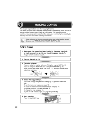 Page 1412
This chapter explains basic and other copying functions. 
The unit is equipped with a one-page memory buffer. This memory allows the unit to 
scan an original once only and make up to 99 copies. This feature improves 
workflow, reduces operation noise from the copier, and provides higher reliability by 
reducing wear and tear on the scanning mechanism.
COPY FLOW
If the unit does not function properly during use, or if a function cannot 
be used, see TROUBLESHOOTING THE UNIT (p.30).
1 Make sure that...