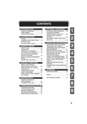 Page 53
1
2
4
3
5
6
8
7
9
1INTRODUCTION
USING THE MANUAL ................... 4
PART NAMES ............................... 5 
OPERATION PANEL ..................... 6
2LOADING PAPER
PAPER........................................... 7
LOADING THE PAPER TRAY....... 8
BYPASS FEED 
(including special paper) .............. 10
3MAKING COPIES
COPY FLOW ............................... 12
POWER ON ................................. 13
ORIGINAL PLACEMENT............. 14
SET THE COPY QUANTITY ....... 16
EXPOSURE ADJUSTMENT/...