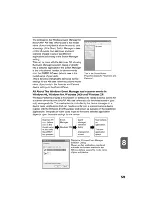 Page 6159
8
The settings for the Windows Event Manager for 
the SHARP AR-xxxx (where xxxx is the model 
name of your unit) device allow the user to take 
advantage of the Sharp Button Manager to take 
control of events from Windows and send 
scanned images to any of six different 
applications according to the Button Manager 
setting.
This can be done with the Windows OS showing 
the Event Manager selection dialog or directly 
into a selected application if the Button Manager 
is the only allowed handler for...