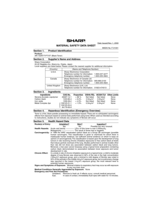 Page 79 Date Issued:Nov. 1, 2000
MATERIAL SAFETY DATA SHEETMSDS No. F-01001
Section 1. Product Identification
Product:
AR-152NT/T/FT/ST (Black Toner)
Section 2. Supplier’s Name and Address
Sharp Corporation
22-22 Nagaike-cho, Abeno-ku, Osaka, Japan
Local suppliers are listed below. Please contact the nearest supplier for additional information.
(Country) (Name and Telephone Number)
U.S.A. Sharp Electronics Corporation
Telephone number for information: 1-800-237-4277
Emergency telephone number: 1-800-255-3924...