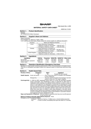 Page 81Date Issued :Nov. 1, 2000
MATERIAL SAFETY DATA SHEETMSDS No. F-31001
Section 1. Product Identification
Product
AR-152ND/DV/SD (Black Developer)
Section 2. Supplier’s Name and Address
Sharp Corporation
22-22 Nagaike-cho, Abeno-ku, Osaka, Japan
Local suppliers are listed below. Please contact the nearest supplier for additional information.
(Country) (Name and Telephone Number)
U.S.A. Sharp Electronics Corporation
Telephone number for information: 1-800-237-4277
Emergency telephone number: 1-800-255-3924...