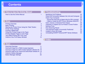 Page 86Contents
How to Use the Online Manual 1
Printing Overview 2
Basic Printing 3
Starting the Printer Driver Using the Start Button 4
Printer Driver Settings 5
Printing a Watermark 6
Fitting the Printed Image to the Paper 7
Printing Multiple Pages on One Page 8
Two-sided Printing (AR-157E only) 9
Outline of the Print Status Window 10
Scanning Overview 11
Scanning an Image from a TWAIN-Compliant Application 12
Scanning an Image from a WIA-Compliant Application (Windows XP)16
Scanning an Image from the Scanner...