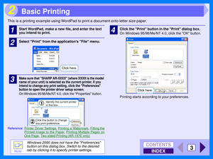 Page 89INDEX
CONTENTS
3
2
This is a printing example using WordPad to print a document onto letter size paper.
1Start WordPad, make a new file, and enter the text 
you intend to print.
2Select Print from the applications File menu.
3Make sure that SHARP AR-XXXX (where XXXX is the model 
name of your unit) is selected as the current printer. If you 
intend to change any print setting, click the Preferences 
button to open the printer driver setup screen.
On Windows 95/98/Me/NT 4.0, click the Properties button....