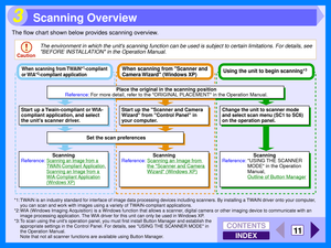 Page 97INDEX
CONTENTS
11
3
The flow chart shown below provides scanning overview.
*1: TWAIN is an industry standard for interface of image data processing devices including scanners. By installing a TWAIN driver onto your computer, 
you can scan and work with images using a variety of TWAIN-compliant applications.
*2: WIA (Windows Imaging Acquisition) is a Windows function that allows a scanner, digital camera or other imaging device to com municate with an 
image processing application. The WIA driver for this...