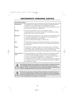 Page 3129
MICROWAVE COOKING ADVICE
Check the temperature of food and drink, stir before serving. Take special
care when serving to babies, children or the elderly. The contents of feeding
bottles and baby food jars are to be stirred or shaken and the temperature is
to be checked before consumption to avoid burns.
Face & Hands: Always use oven gloves to remove food or cookware from the
oven. Stand back when opening the oven door to allow heat or steam to
disperse. When removing covers (such as cling film),...