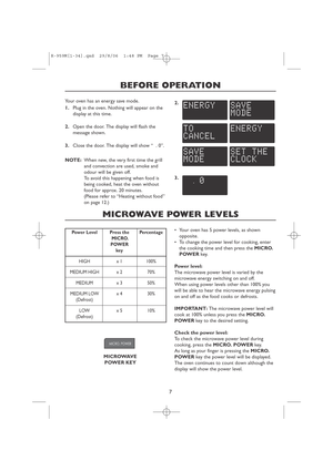 Page 97
BEFORE OPERATION
Your oven has an energy save mode.
1.Plug in the oven. Nothing will appear on the
display at this time.
2.Open the door. The display will flash the
message shown.
3.Close the door. The display will show “  . 0”.
NOTE:When new, the very first time the grill
and convection are used, smoke and
odour will be given off.
To avoid this happening when food is
being cooked, heat the oven without
food for approx. 20 minutes.
(Please refer to “Heating without food”
on page 12.)2.
3.
MICROWAVE...