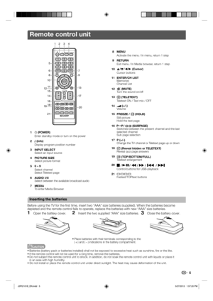 Page 6 5
Remote control unit
1a (POWER)
Enter standby mode or turn on the power
2
 (info)
Display program position number
3 INPUT SELECT
Select an input source
4 PICTURE SIZE
Select picture format
5 0 – 9
Select channel
Select Teletext page
6 AUDIO I/II
Select between the available broadcast audio
7 MEDIA
To enter Media Browser
Inserting the batteries
Before using the TV for the ﬁ rst time, insert two “AAA” size batteries (supplied). When the batteries become 
depleted and the remote control fails to operate,...