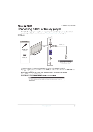 Page 2419
 LC-50LB261U Sharp 50" LED TV
www.sharpusa.com
Connecting a DVD or Blu-ray player
Many DVD or Blu-ray players have more than one connection type. To get the best video, you should use the best 
connection type available. For more information, see “What connection should I use?” on page12.
HDMI (best)
1Make sure that your TV’s power cord is unplugged and the DVD or Blu-ray player is turned off.
2Connect an HDMI cable (not provided) to one of the HDMI jacks on the side of your T V and to the HDMI...