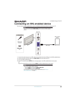 Page 2823
 LC-50LB261U Sharp 50" LED TV
www.sharpusa.com
Connecting an MHL-enabled device
You can connect an MHL-enabled device, such as a cell phone, and view your device’s screen on your TV.
1Connect the small connector on an MHL cable (not provided) to the micro USB port on the MHL-enabled device.
2Connect the other end of the cable to the HDMI 2/MHL jack on the side of your TV.
3Turn on the MHL-enabled device.
4If your T V is turned on, press ENTER when a message appears. Your MHL-enabled device’s menu...