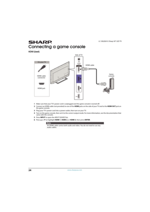 Page 2924
LC-50LB261U Sharp 50" LED TV
www.sharpusa.com
Connecting a game console
HDMI (best)
1Make sure that your TV’s power cord is unplugged and the game console is turned off.
2Connect an HDMI cable (not provided) to one of the HDMI jacks on the side of your T V and to the HDMI OUT jack on 
the game console.
3Plug your TV’s power cord into a power outlet, then turn on your TV.
4Turn on the game console, then set it to the correct output mode. For more information, see the documentation that 
came with...