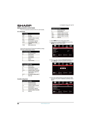 Page 6560
LC-50LB261U Sharp 50" LED TV
www.sharpusa.com
Setting parental control levels
You can set parental controls for the U.S. and Canada.
U.S. rating levels
Some of the age-based T V Parental Guidelines ratings 
also have content-based ratings.
Canadian rating levels1Press MENU. The on-screen menu opens.
2Press 
W or X to highlight SETUP, then press T or 
ENTER. The SETUP menu opens.
3Press 
S or T to highlight Parental Controls, then 
press ENTER. The Enter Password screen opens.
4Press the number...