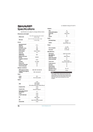 Page 8176
LC-50LB261U Sharp 50" LED TV
www.sharpusa.com
Specifications
Specifications are subject to change without notice.
Dimensions and weight
Screen
Display resolutions
Tu ne r
InputsOutputs
Audio
Power
Miscellaneous
Without stand44.2 × 25.9 × 2.5 in. (112.4 × 65.7 × 6.3 cm)
29.3 lb. (13.3 kg)
With stand44.2 × 27 × 12.2 in. (112.4 × 68.5 × 31 cm)
31.1 lb. (14.1 kg)
Screen size measured 
diagonally49.5 in. 
Display typeLED
Panel 60 Hz vs.120 Hz120Hz
Display resolution1080p
Panel resolution1920 (H) × 1080...