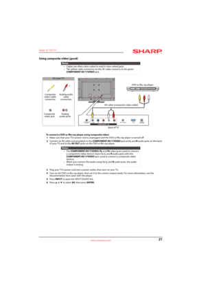 Page 2521
Sharp 32" LED TV
www.sharpusa.com
Using composite video (good)
To connect a DVD or Blu-ray player using composite video:
1Make sure that your TV’s power cord is unplugged and the DVD or Blu-ray player is turned off.
2Connect an AV cable (not provided) to the COMPONENT/AV Y/VIDEO jack and L and R audio jacks on the back 
of your T V and to the AV  O U T jacks on the DVD or Blu-ray player.
3Plug your TV’s power cord into a power outlet, then turn on your TV.
4Turn on the DVD or Blu-ray player, then...