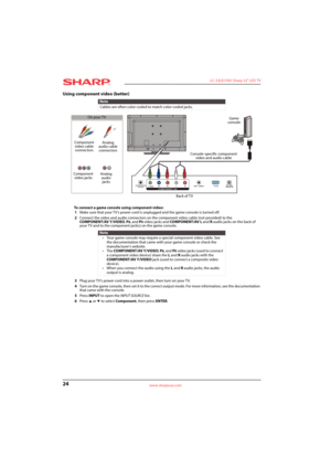 Page 2824
 LC-32LB150U Sharp 32" LED TV
www.sharpusa.com
Using component video (better)
To connect a game console using component video:
1Make sure that your TV’s power cord is unplugged and the game console is turned off.
2Connect the video and audio connectors on the component video cable (not provided) to the 
COMPONENT/AV Y/VIDEO, P
B, and PR video jacks and COMPONENT/AV L and Raudio jacks on the back of 
your TV and to the component jack(s) on the game console.
3Plug your TV’s power cord into a power...