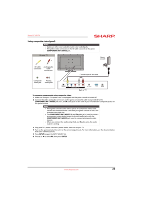 Page 2925
Sharp 32" LED TV
www.sharpusa.com
Using composite video (good)
To connect a game console using composite video:
1Make sure that your TV’s power cord is unplugged and the game console is turned off.
2Connect the video and audio connectors on the game console’s AV cable (not provided) to the 
COMPONENT/AV Y/VIDEO jack and L and R audio jacks on the back of your TV and to the composite jack(s) on 
the game console.
3Plug your TV’s power cord into a power outlet, then turn on your TV.
4Turn on the...