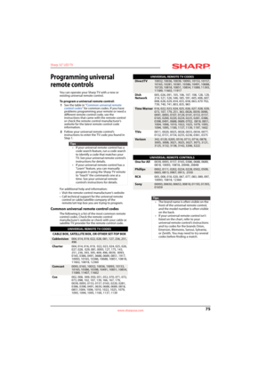 Page 7975
Sharp 32" LED TV
www.sharpusa.com
Programming universal 
remote controls
You can operate your Sharp TV with a new or 
existing universal remote control.
To program a universal remote control:
1See the table in “Common universal remote 
control codes” for common codes. If you have 
problems programming your remote or need a 
different remote control code, see the 
instructions that came with the remote control 
or check the remote control manufacturer’s 
website for the latest remote control code...