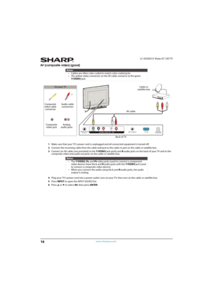 Page 2116
LC-42LB261U Sharp 42" LED TV
www.sharpusa.com
AV (composite video) (good)
1Make sure that your TV’s power cord is unplugged and all connected equipment is turned off.
2Connect the incoming cable from the cable wall jack to the cable-in jack on the cable or satellite box.
3Connect an AV cable (not provided) to the Y/VIDEO jack and L and R audio jacks on the back of your TV and to the 
composite video and audio out jacks on the cable or satellite box.
4Plug your TV’s power cord into a power outlet,...