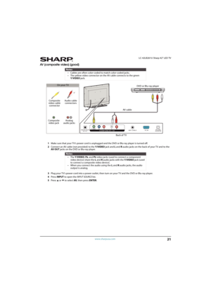 Page 2621
 LC-42LB261U Sharp 42" LED TV
www.sharpusa.com
AV (composite video) (good)
1Make sure that your TV’s power cord is unplugged and the DVD or Blu-ray player is turned off.
2Connect an AV cable (not provided) to the Y/VIDEO jack and L and R audio jacks on the back of your TV and to the 
AV O U T jacks on the DVD or Blu-ray player.
3Plug your TV’s power cord into a power outlet, then turn on your TV and the DVD or Blu-ray player.
4Press INPUT to open the INPUT SOURCE list.
5Press 
S or T to select AV,...