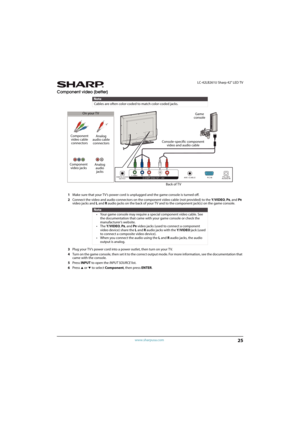 Page 3025
 LC-42LB261U Sharp 42" LED TV
www.sharpusa.com
Component video (better)
1Make sure that your TV’s power cord is unplugged and the game console is turned off.
2Connect the video and audio connectors on the component video cable (not provided) to the Y/VIDEO, P
B, and PR 
video jacks and L and Raudio jacks on the back of your TV and to the component jack(s) on the game console.
3Plug your TV’s power cord into a power outlet, then turn on your TV.
4Turn on the game console, then set it to the correct...