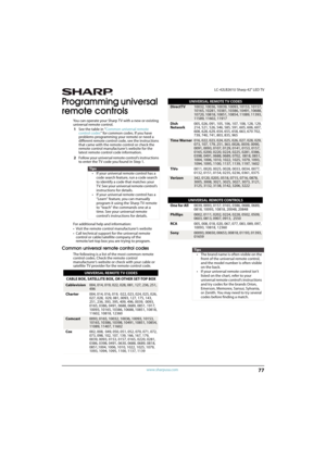 Page 8277
 LC-42LB261U Sharp 42" LED TV
www.sharpusa.com
Programming universal 
remote controls
You can operate your Sharp TV with a new or existing 
universal remote control.
1See the table in “Common universal remote 
control codes” for common codes. If you have 
problems programming your remote or need a 
different remote control code, see the instructions 
that came with the remote control or check the 
remote control manufacturer’s website for the 
latest remote control code information. 
2Follow your...