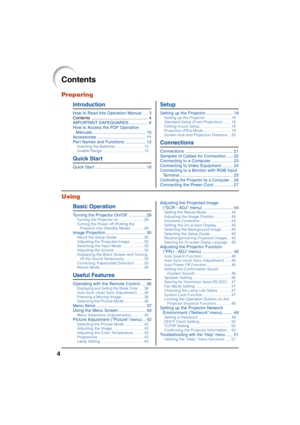 Page 84
Contents
Preparing
Introduction
How to Read this Operation Manual .... 3
Contents ............................................... 4
IMPORTANT SAFEGUARDS ............... 6
How to Access the PDF Operation
Manuals ............................................ 10
Accessories ........................................ 11
Part Names and Functions ................. 12
Inserting the Batteries.......................... 15
Usable Range...................................... 15
Quick Start
Quick Star t...