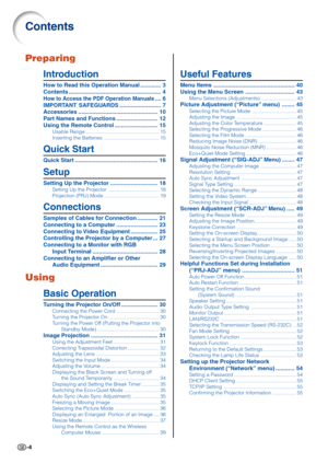 Page 6-4
Contents
Preparing
Useful Features
Menu Items ................................................... 40
Using the Menu Screen ............................... 43
Menu Selections (Adjustments) ......................... 43
Picture Adjustment (“Picture” menu) ........ 45Selecting the Picture Mode ............................... 45
Adjusting the Image .......................................... 45
Adjusting the Color Temperature ....................... 45
Selecting the Progressive Mode ...........................