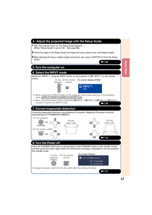 Page 1917
Quick Start
4.  Adjust the projected image with the Setup Guide
Select the “INPUT 1” using the INPUT button on the projector or C INPUT 1 on the remote
control.
6. Select the INPUT mode
• When pressing the INPUT button on the projector, input mode switches in the following
order: INPUT1 INPUT2 INPUT3 INPUT4
• When using the remote control, press the CINPUT 1/CINPUT 2/DINPUT 3/EINPUT
4 button to switch the INPUT mode.On the
projectorOn the remote
controlOn-screen display (RGB)
_P.  30
_P.  28
1After...
