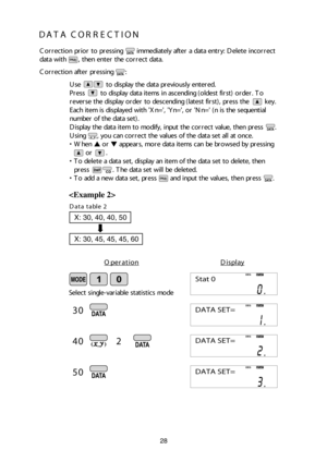 Page 2928
DA TA  C O RREC TIO N

30
40
50
2
O pera tio nD is p lay
S e le ct s in gle -v aria b le  s ta tis tic s m ode
DEGSTAT
Stat 0
DEGSTAT
DATA SET=
C orre ctio n a ft e r p re ssin g        :
C orre ctio n p rio r t o  p re ssin g          im med ia te ly  a ft e r a  d ata  e n tr y :  D ele te  in co rre ct 
d ata  w it h          ,  t h en  e n te r t h e c o rre ct d ata .
U se                  t o  d is p la y  t h e d ata  p re vio usly  e n te re d .
P re ss          t o  d is p la y  d ata  it e m...