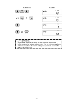 Page 3029
APPLIC A TIO NS:
Sin gle -v aria b le  s ta tis tic al  c alc u la tio ns a re  u se d  in  a  b ro ad  r a n ge  o f  fie ld s, 
i n clu d in g e n gin ee rin g,  b u sin ess ,  a n d  e co no m ic s.  T hey a re  m ost o ft e n  a p plie d  t o  
a n aly sis  in  a tm osp h eric  o bse rv atio ns a n d  p hysic s e x perim en ts ,  a s w ell   a s fo r 
q u ali t y  c o ntr o l  in  fa c to rie s.
4 5
60
3
O pera tio nD is p lay
DEGSTAT
 X2=
DEGSTAT
 X2=
DEGSTAT
 N2=
DEGSTAT
 X3= 