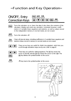 Page 76
Turn s t h e c alc u la to r o n o r c le ars t h e d ata . It  a ls o  c le ars t h e c o nte n ts  o f  t h e
calc u la to r d is p lay  a n d  v o id s a ny  c alc u la to r c o m man d ; h o wever, c o effi-
c ie n ts  in  3 -v aria b le  li n ear e q uatio ns a n d  s ta tis tic s,  a s w ell  a s v alu es s to re d
in  t h e in d ep en d en t m em ory in  n o rm al  m ode, a re  n o t e ra se d .
Turn s t h e c alc u la to r o ff.
C le ars a ll  in te rn al  v alu es,  in clu d in g c o effic ie...