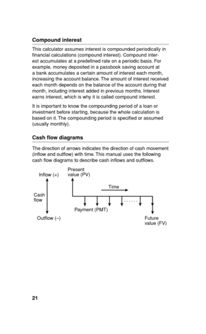 Page 2221
Compound interest
This calculator assumes interest is compounded periodically in 
ﬁ nancial calculations (compound interest). Compound inter-
est accumulates at a predeﬁ ned rate on a periodic basis. For 
example, money deposited in a passbook saving account at 
a bank accumulates a certain amount of interest each month, 
increasing the account balance. The amount of interest received 
each month depends on the balance of the account during that 
month, including interest added in previous months....